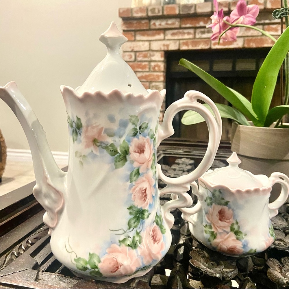Lefton Coffee Pot  Set Pink Rose Bouque Hand Painted Tea Time